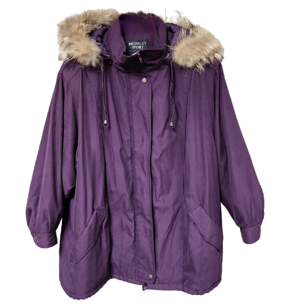 Bromley Sport Purple Puffer Parka Jacket w/Racoon Fur Trim Detachable Hood Sz 2X